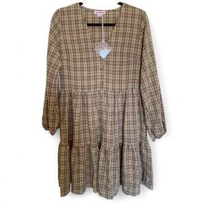 NWT Urban Threads Tiered V-Neck Brown Plaid Mini Dress-Size 10